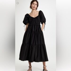 En Saison Black Puff-Sleeve Midi Dress with Smocked Waist